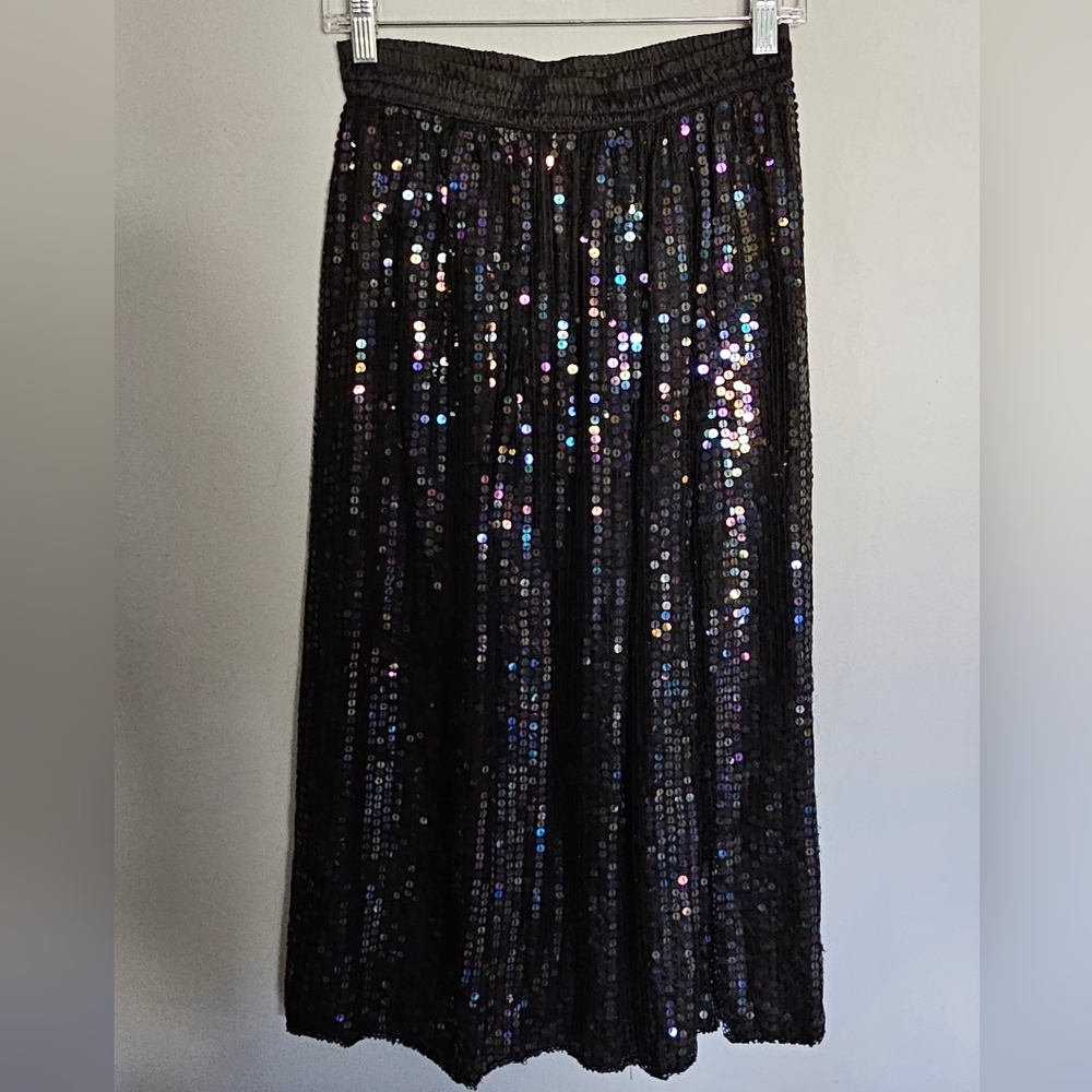 Vintage Pull On Midi Skirt Women's Size S Black 100% Silk Sequin Slit Party NYE